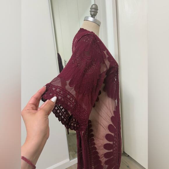 Rebellion Again Burgundy Woman's Lace Open Front Long Kimono Cardigan Small - Picture 4 of 6